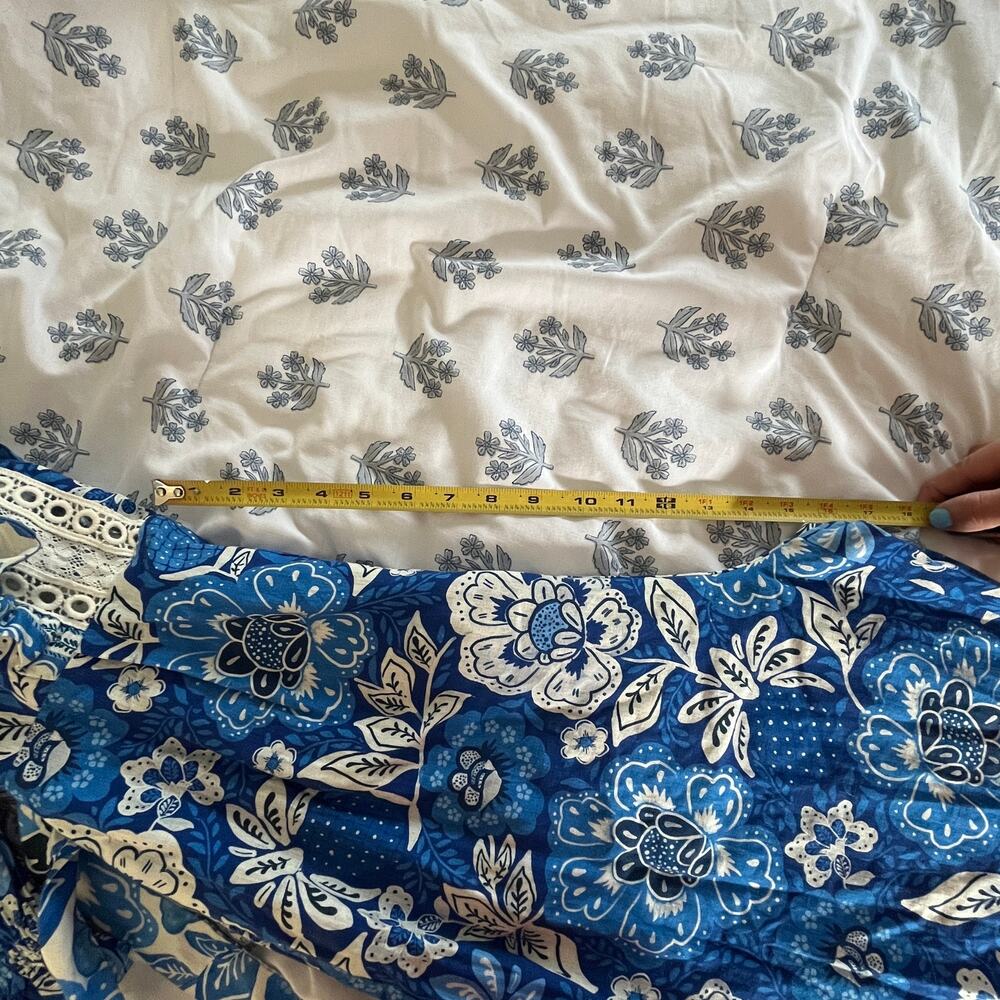 Farm Rio Floral Linen Jumpsuit Tropical Puff Sleeve Women Medium NWT Blue White - Picture 9 of 10